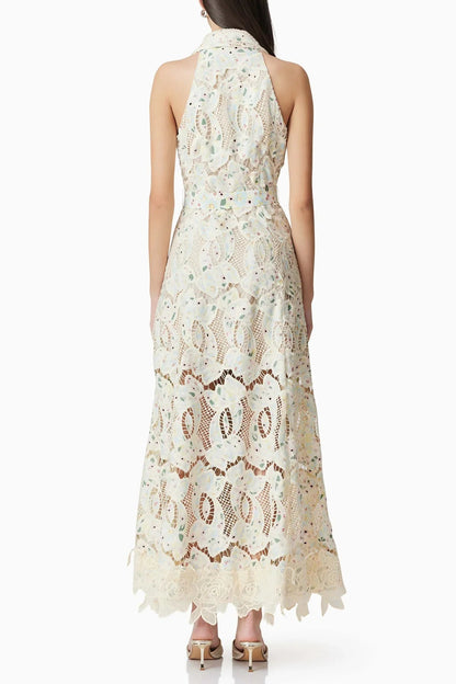 lisa v-neck Floral embroidery hollow Maxi Dress in beige