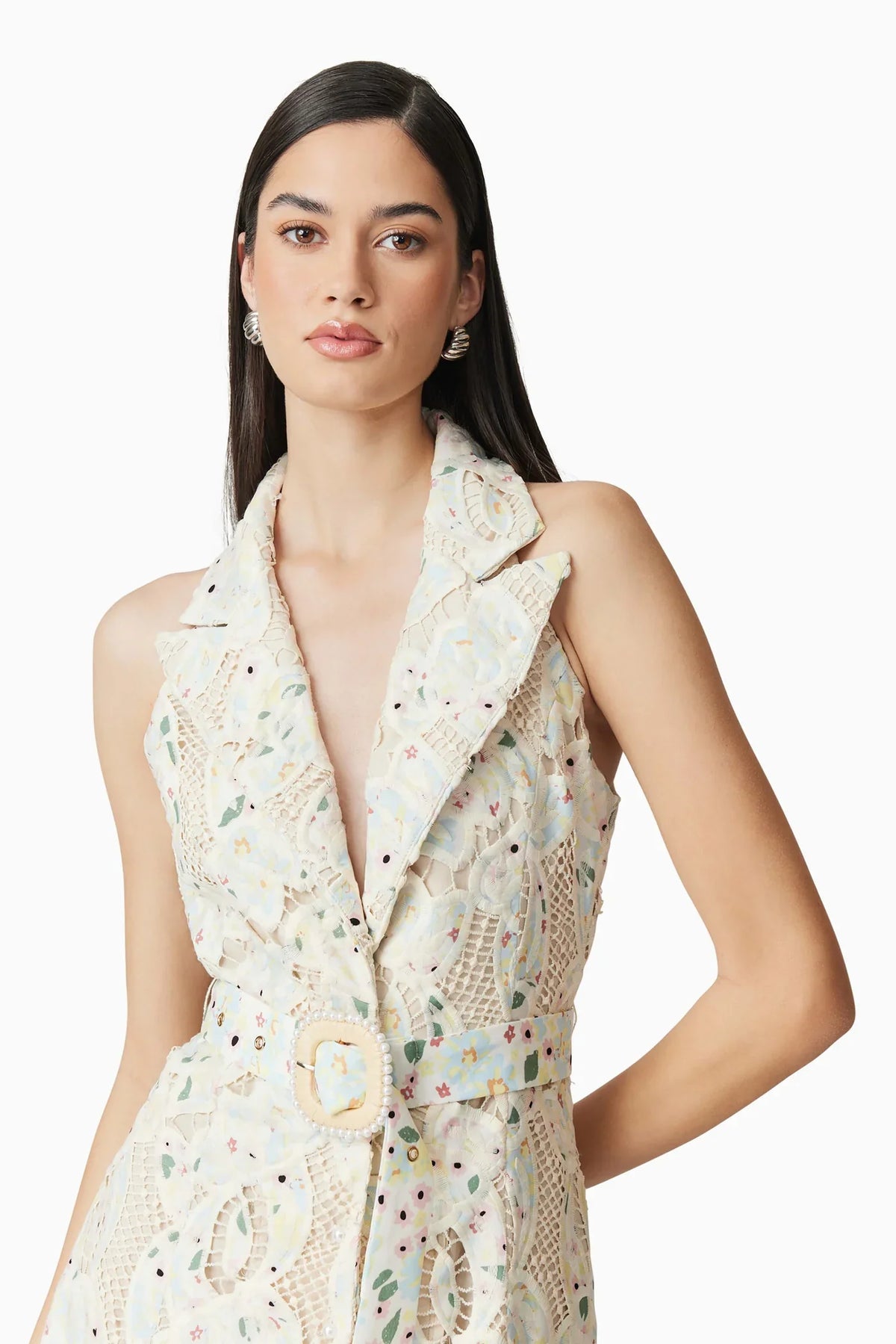 lisa v-neck Floral embroidery hollow Maxi Dress in beige