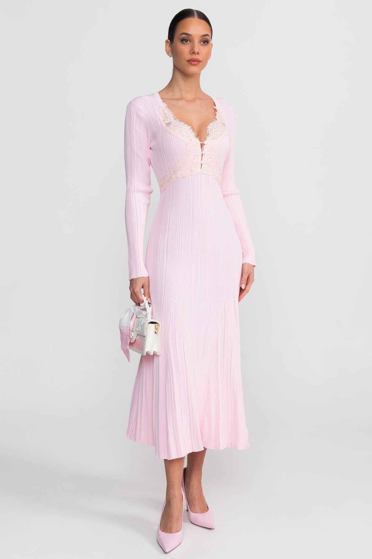 apphia Pink Contrast Lace Knit Midi Dress