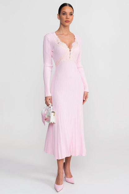 apphia Pink Contrast Lace Knit Midi Dress