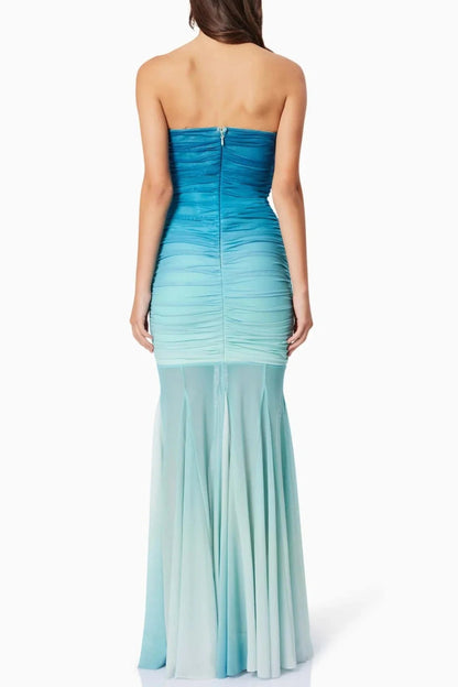 Gradient Mesh Splicing Bodycon Strapless Maxi Dress In Blue