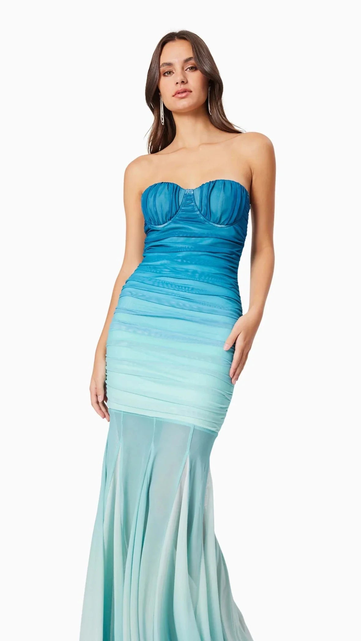 Gradient Mesh Splicing Bodycon Strapless Maxi Dress In Blue