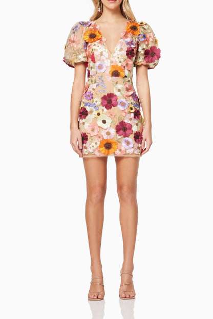 Rosalind 3D Floral Mini Dress in Pink