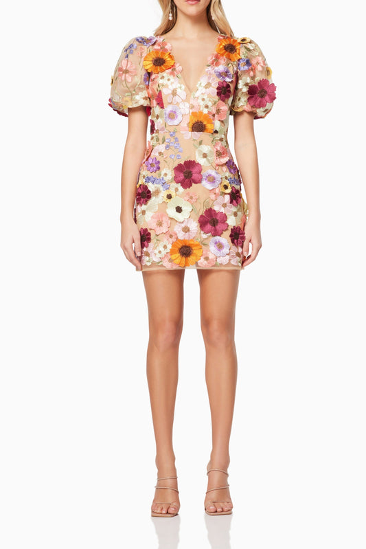 Rosalind 3D Floral Mini Dress in Pink