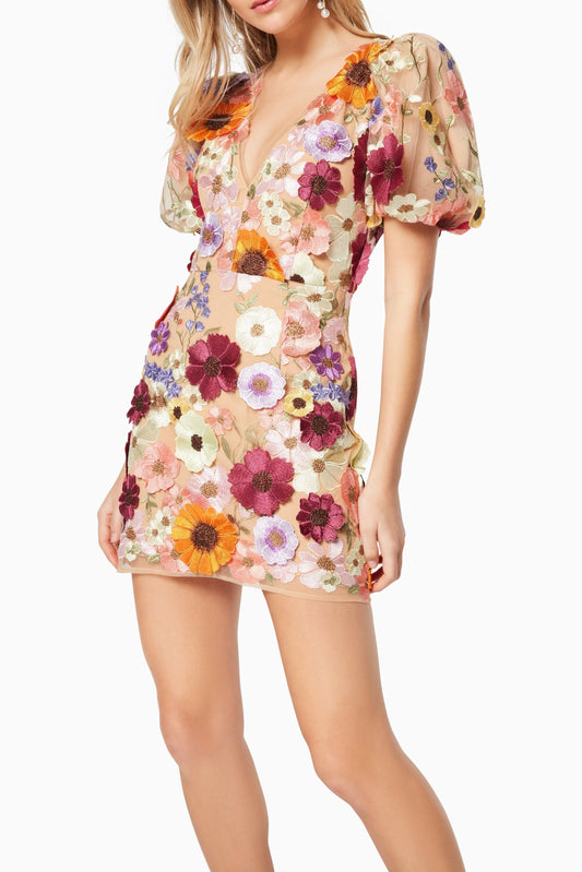 Rosalind 3D Floral Mini Dress in Pink