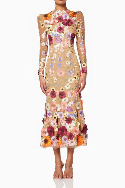 A floral print midi dress with a high neckline and embellished floral lace, featuring a fit and flare style and a back zipper closure.