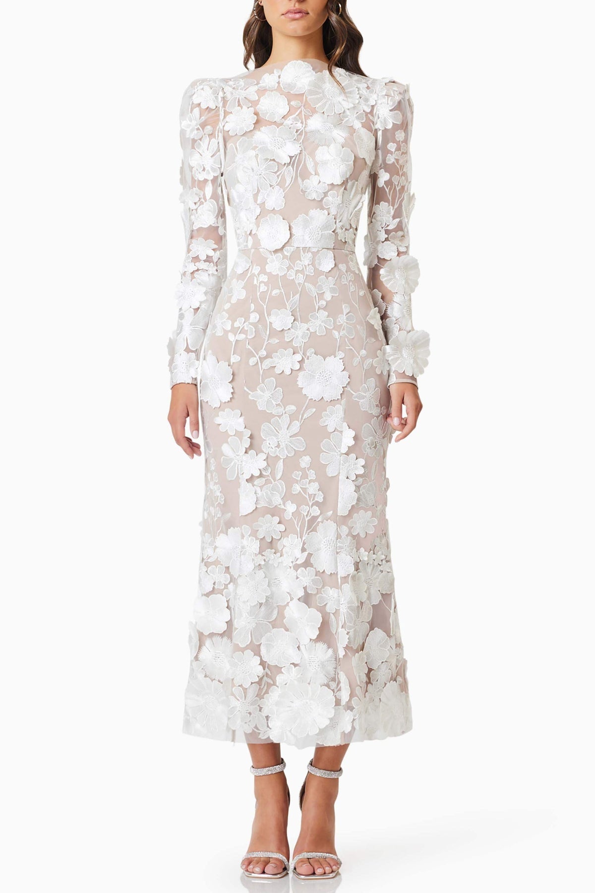 Shannon 3D Floral Midi Dress In White