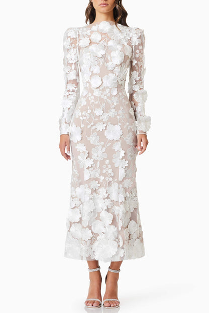 Shannon 3D Floral Midi Dress In White