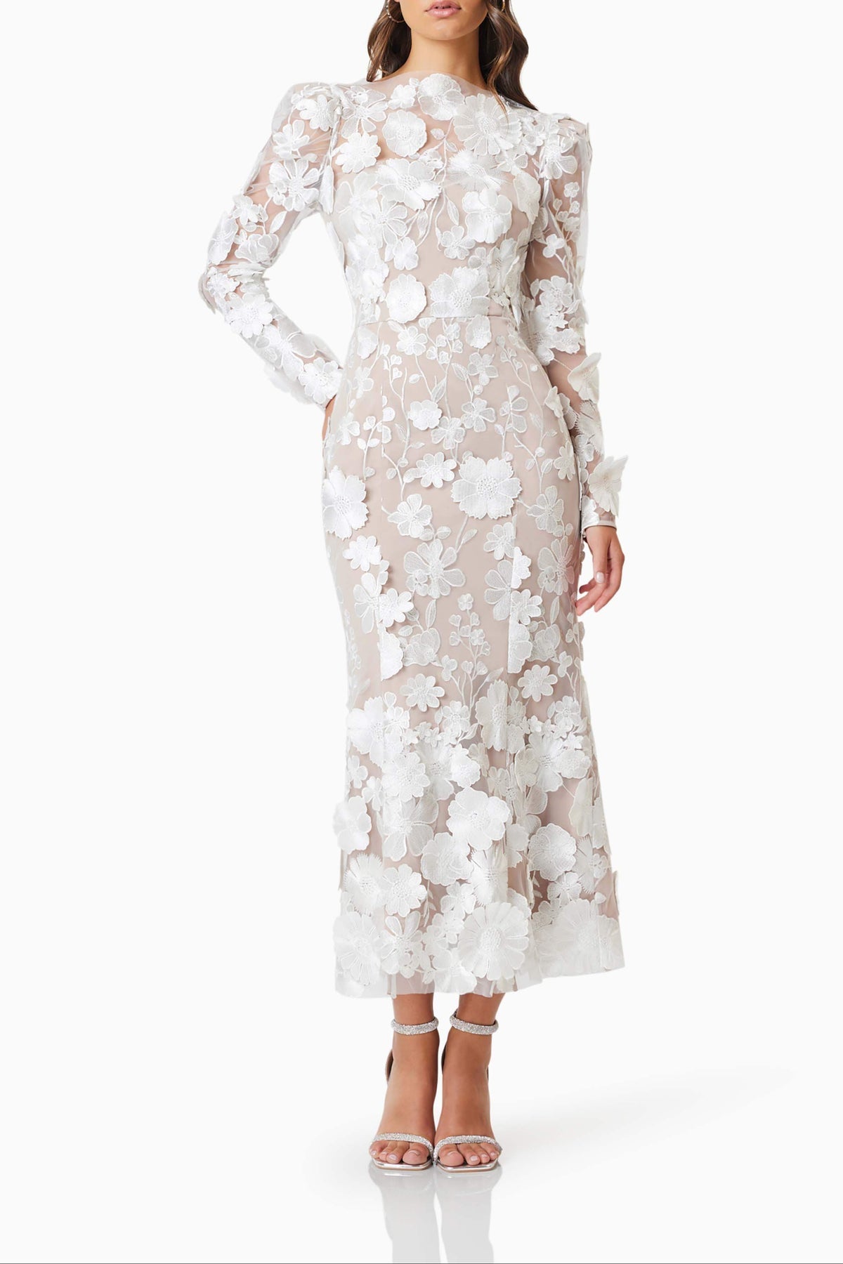 Shannon 3D Floral Midi Dress In White