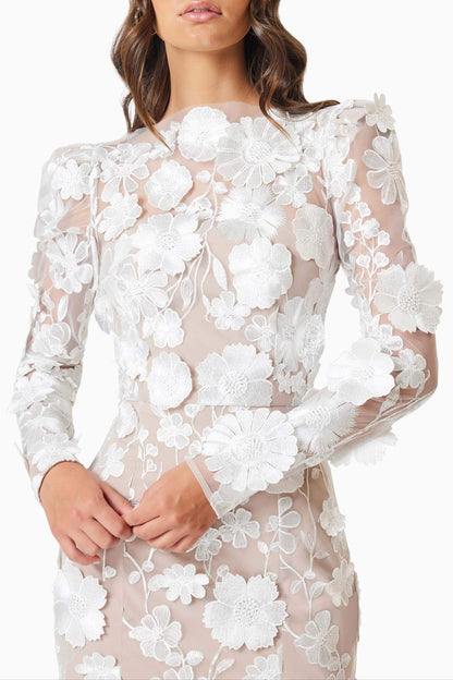 Shannon 3D Floral Midi Dress In White