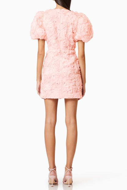 v-neck flower embellished puff Mini Dress in Ballet Pink