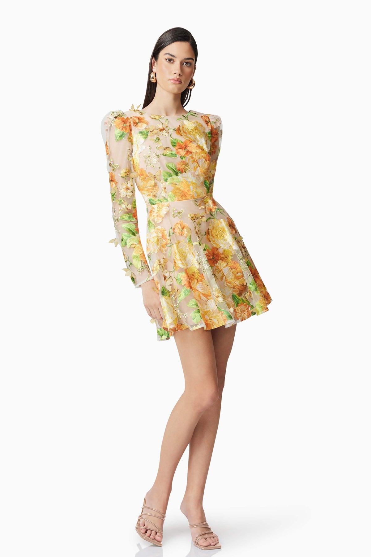 Aella A-Line floral embroidery Mini Dress in Yellow