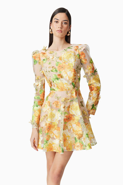 Aella A-Line floral embroidery Mini Dress in Yellow