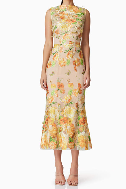 elsie 3d floral embroidered midi dress in yellow