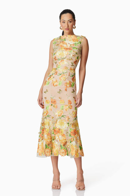 elsie 3d floral embroidered midi dress in yellow