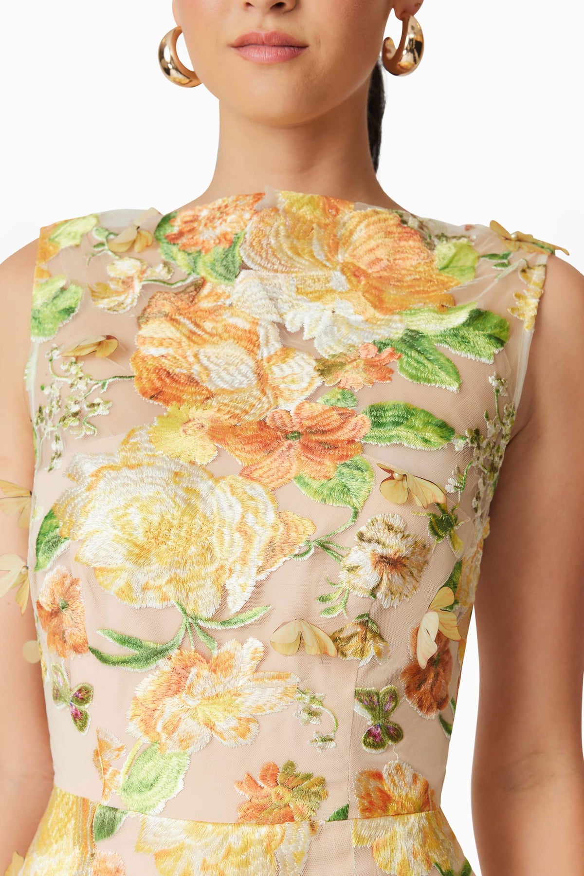 elsie 3d floral embroidered midi dress in yellow