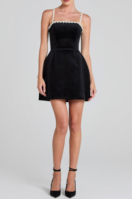 pearl embellished strap mini dress in black