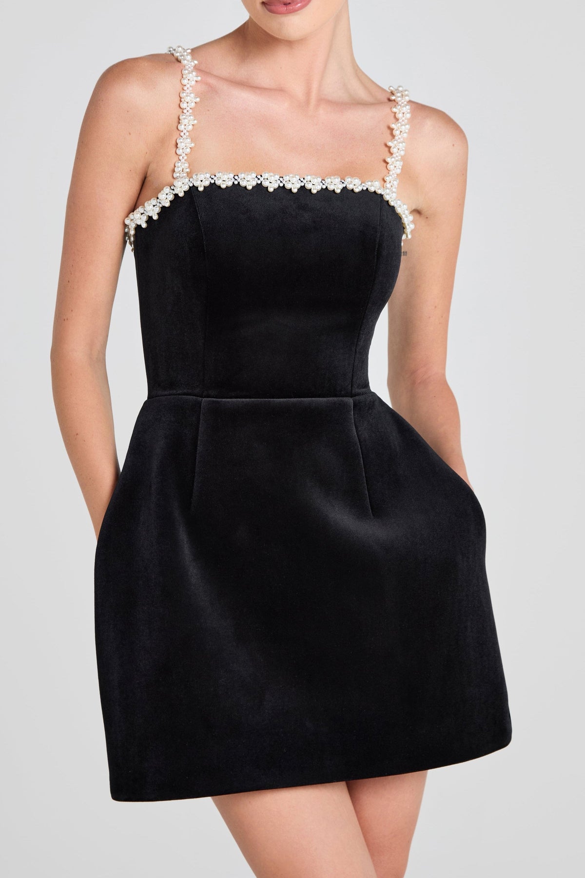 pearl embellished strap mini dress in black