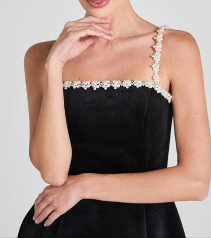 pearl embellished strap mini dress in black