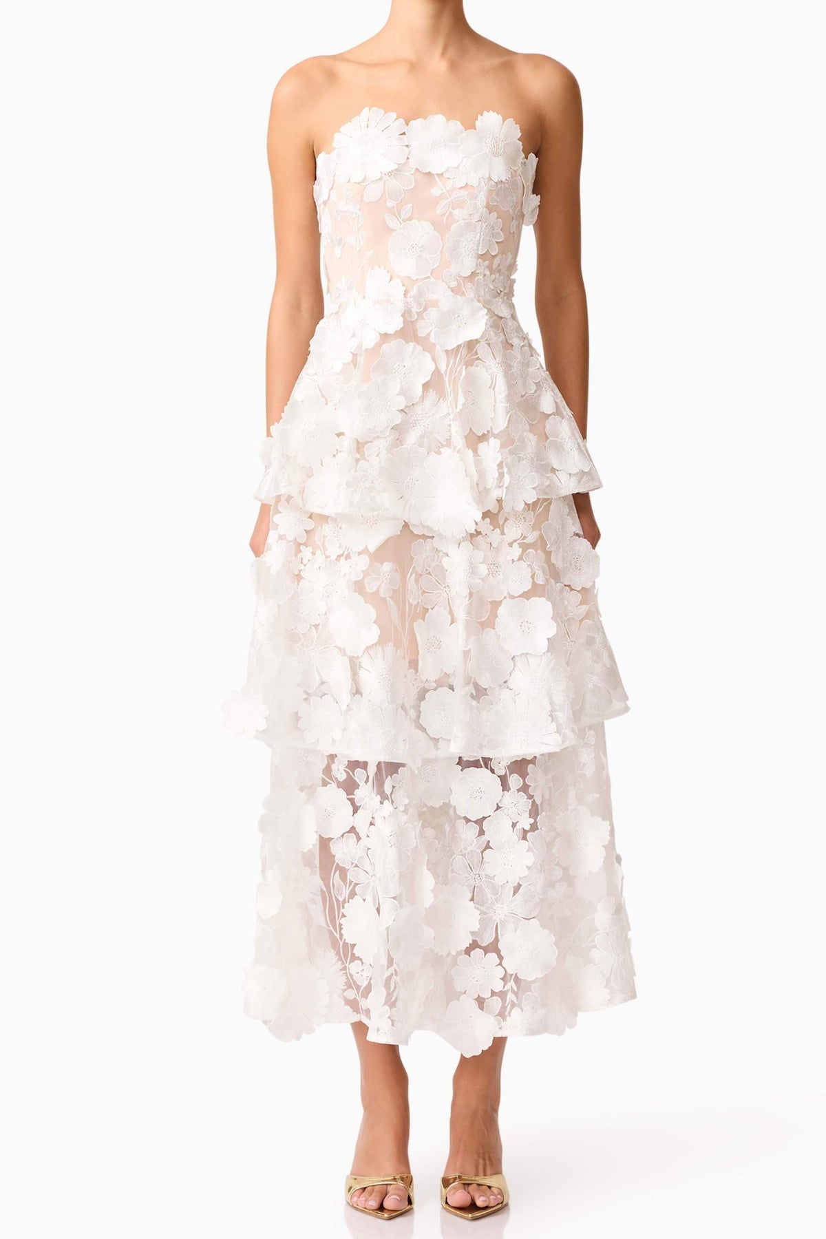 Selene 3D flower Tiered Maxi Dress In White
