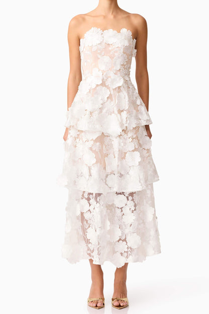 Selene 3D flower Tiered Maxi Dress In White