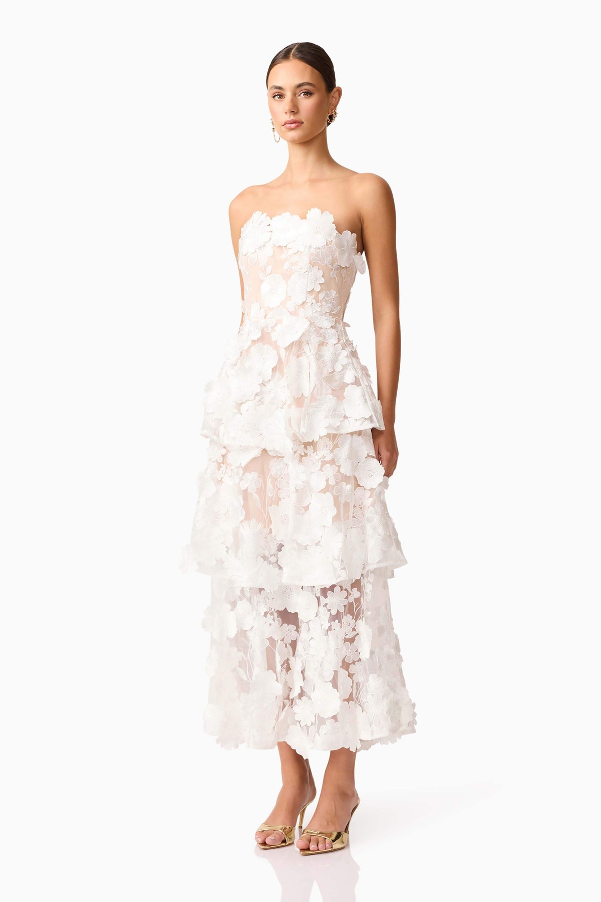 Selene 3D flower Tiered Maxi Dress In White