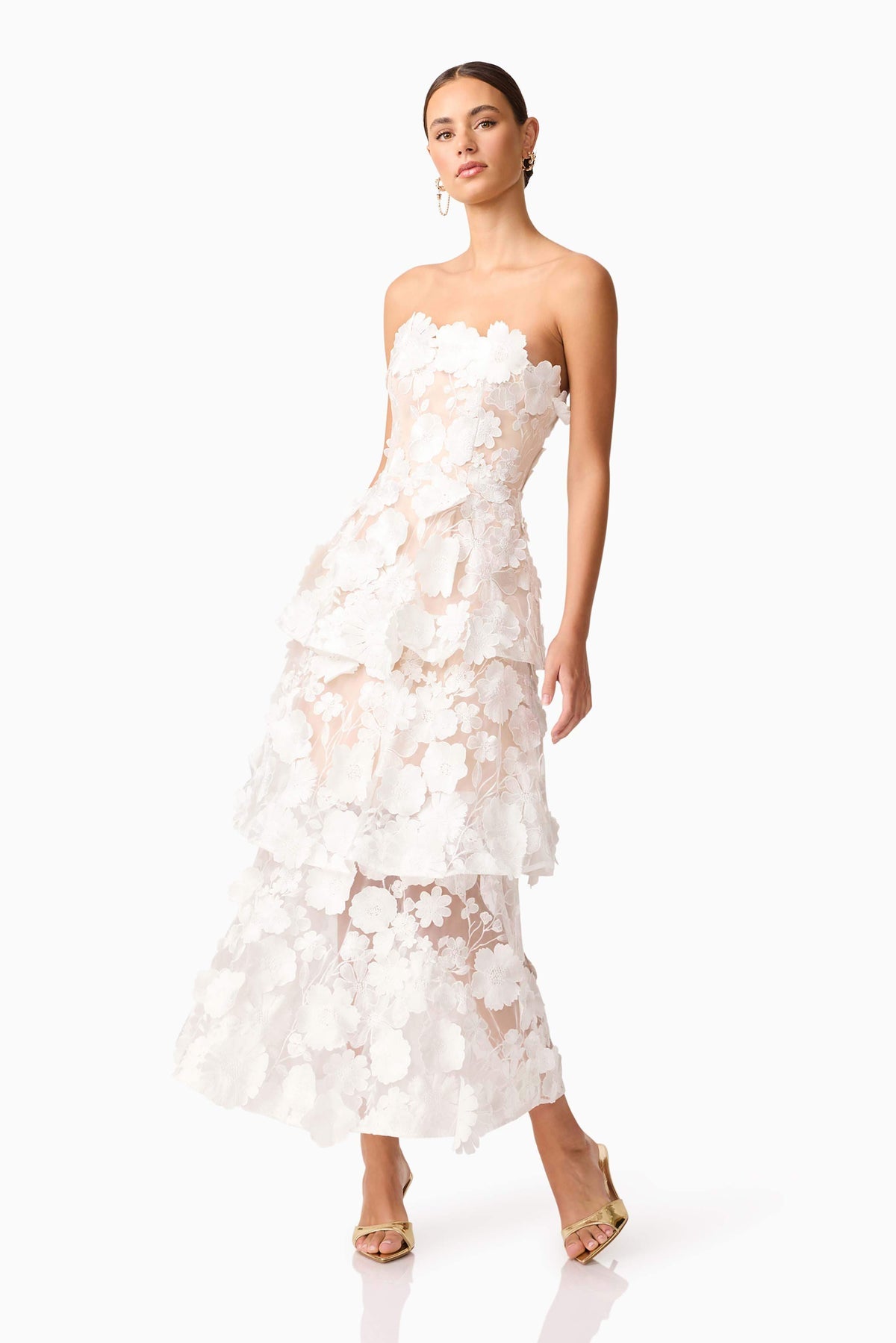 Selene 3D flower Tiered Maxi Dress In White