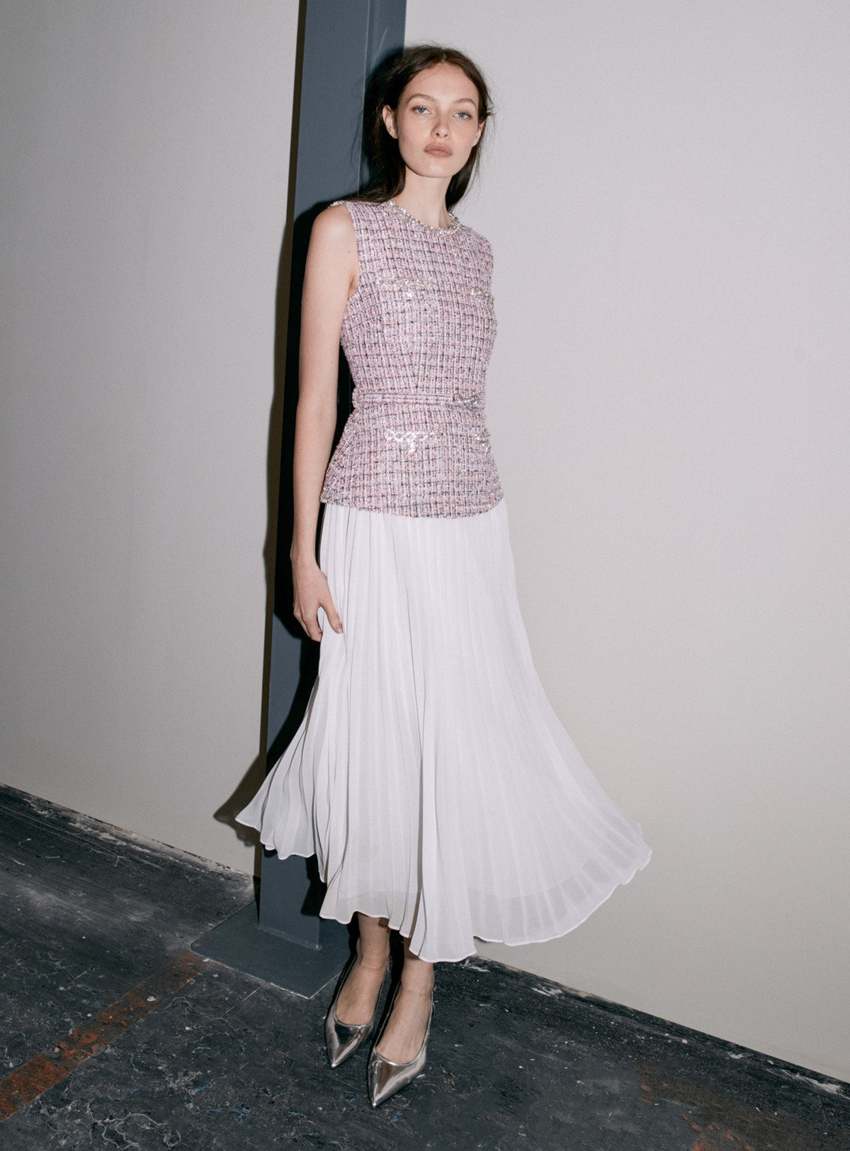 aditi Pink Boucle Chiffon Midi Dress