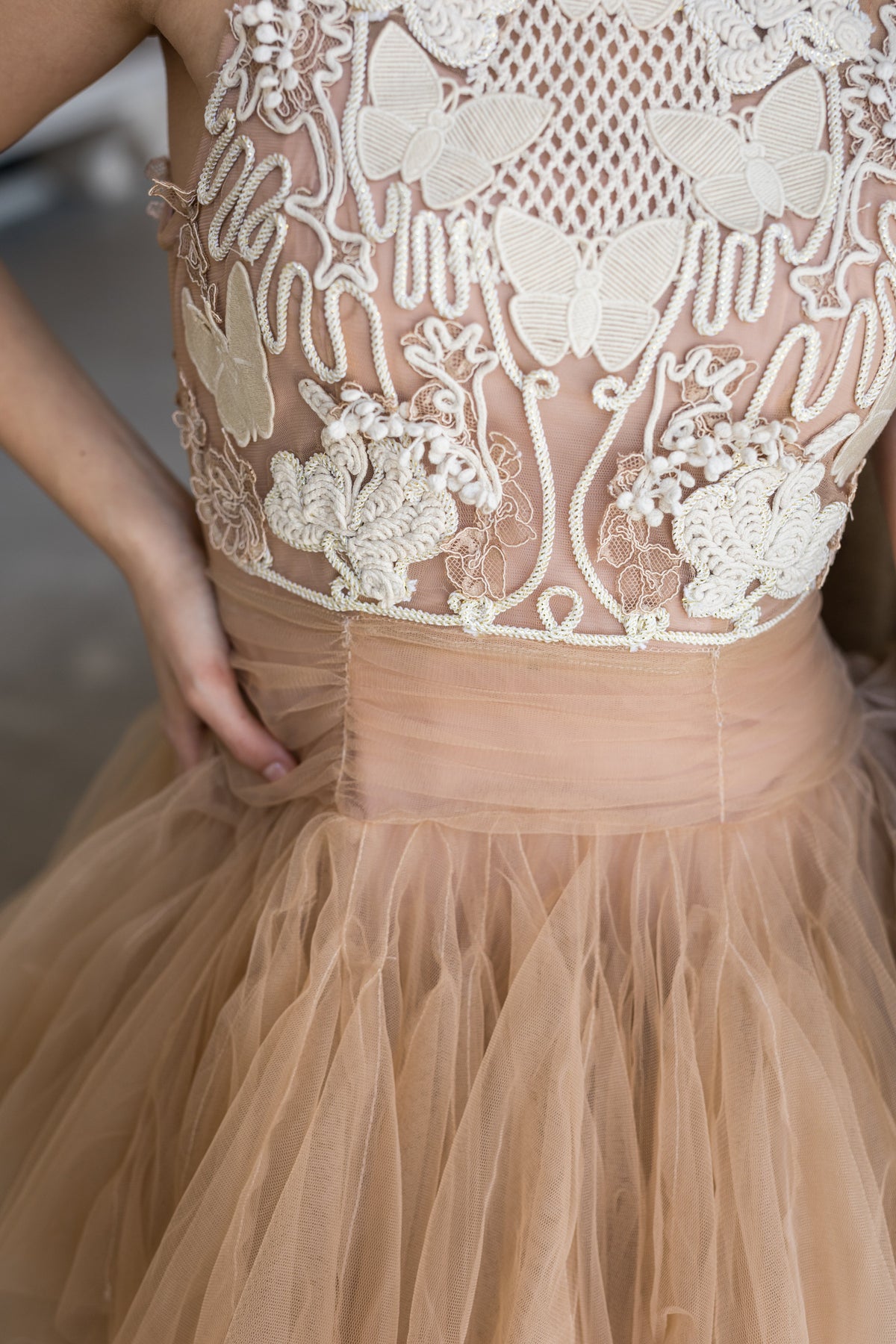 Ballerina |  Beige Tulle Mini Dress with 3D Applique