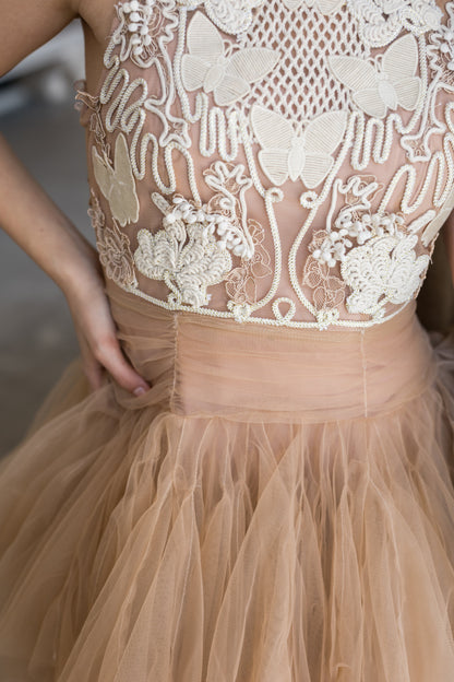 Ballerina |  Beige Tulle Mini Dress with 3D Applique