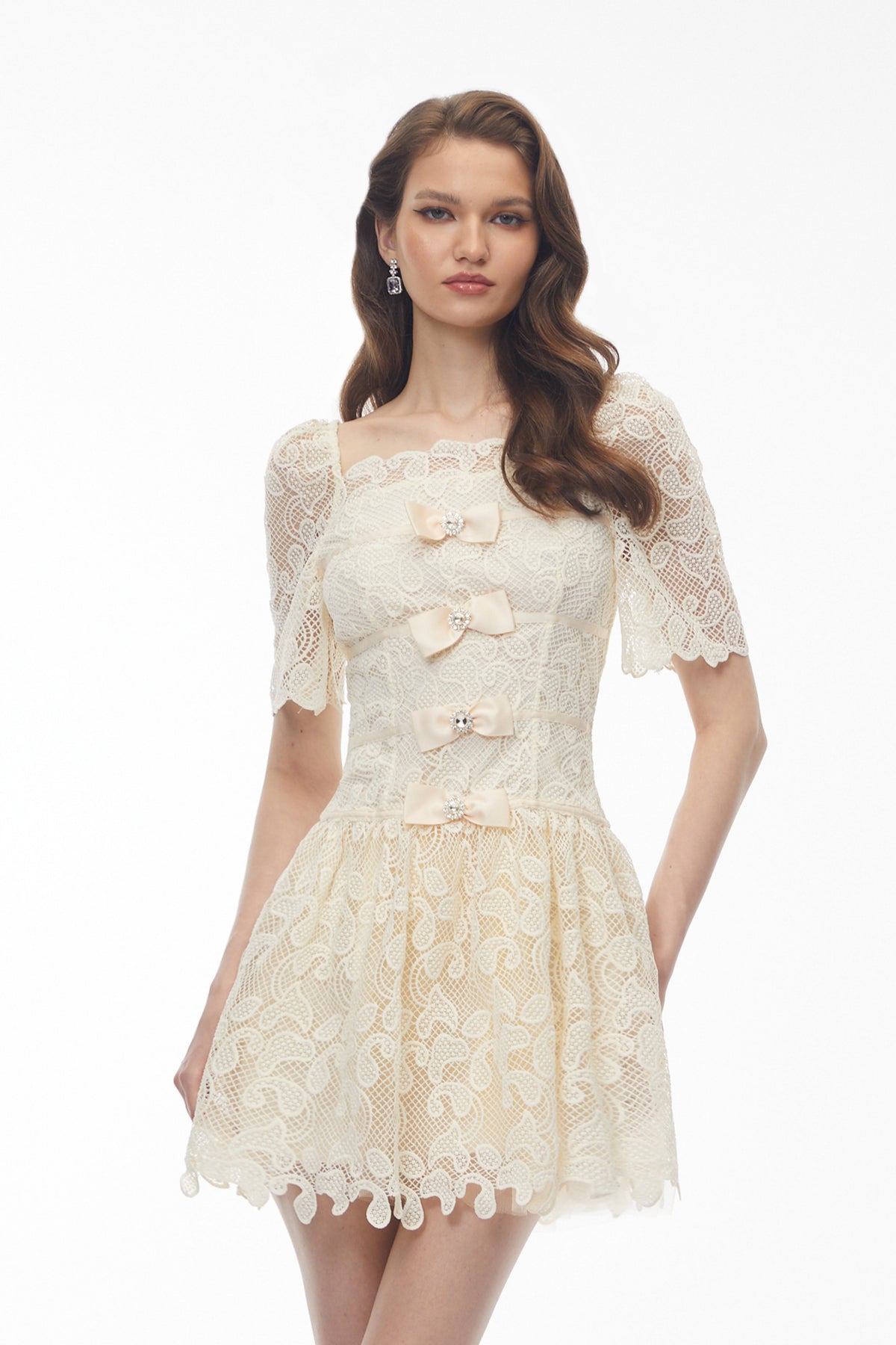 vivien square neck bow Lace Mini Dress - White