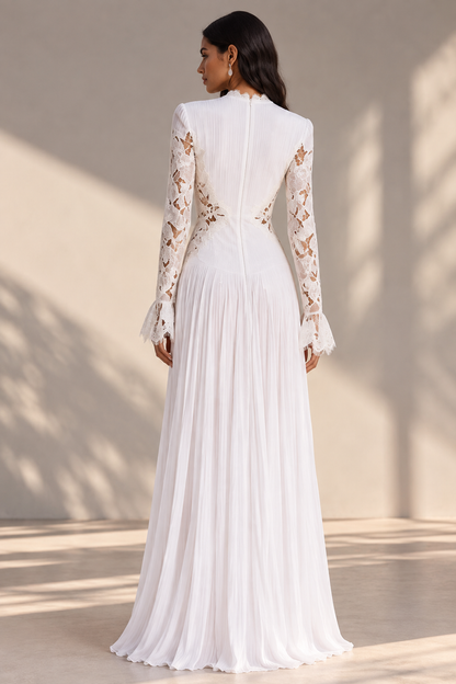 White Pleated Georgette A-Line Gown with Floral Lace