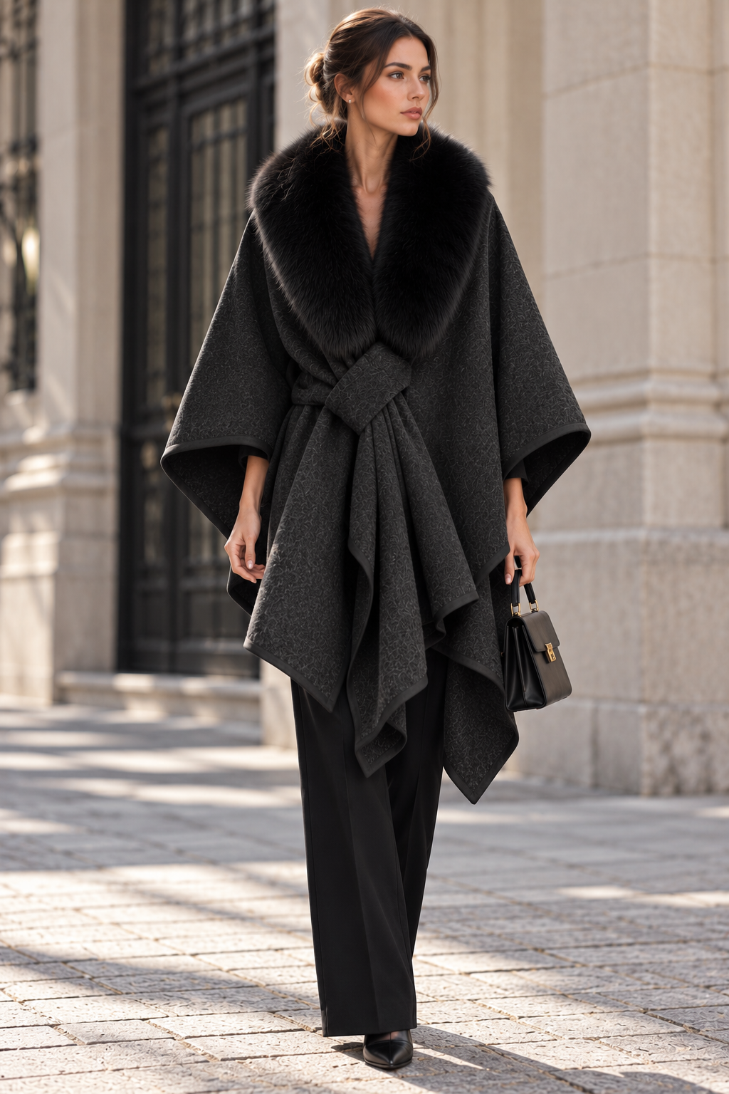 Black Wool Blend Oversized Draped Cape Coat with Fur Collar