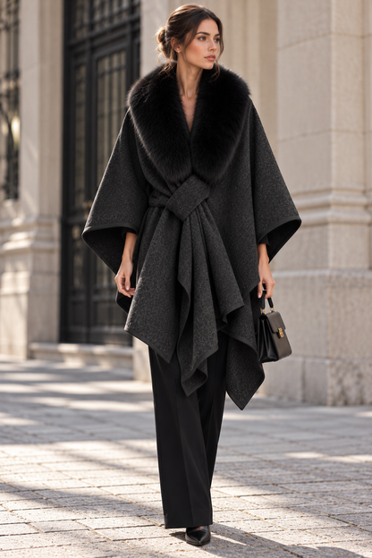Black Wool Blend Oversized Draped Cape Coat with Fur Collar