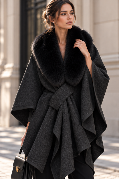 Black Wool Blend Oversized Draped Cape Coat with Fur Collar