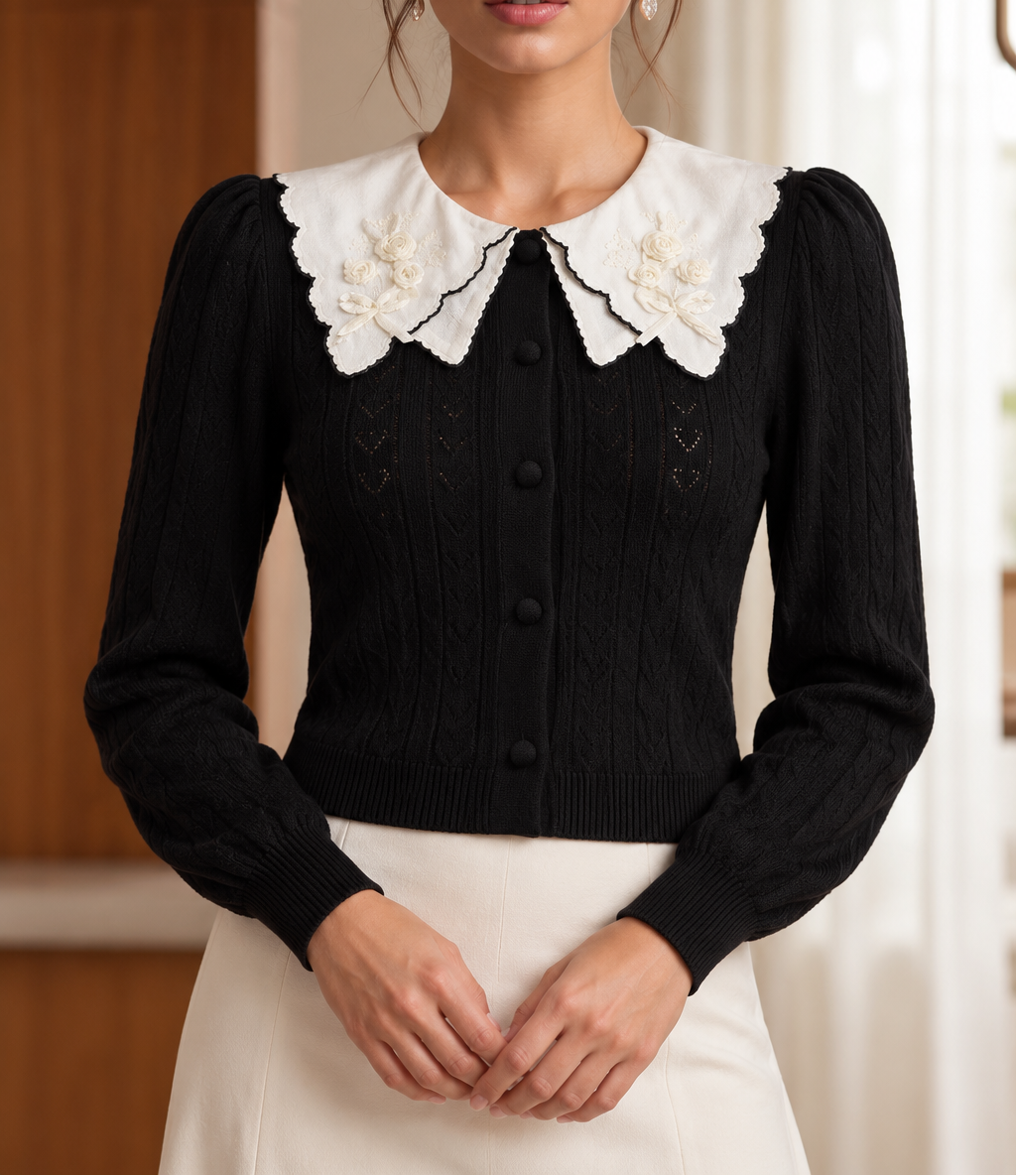 Black Pointelle Knit Cardigan with White Embroidered Collar