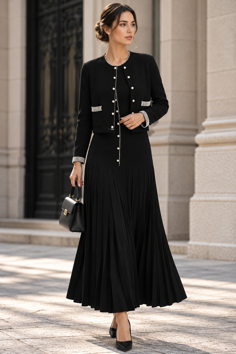 Black Fine-Gauge Knit Two-Piece Set with Metallic Trim