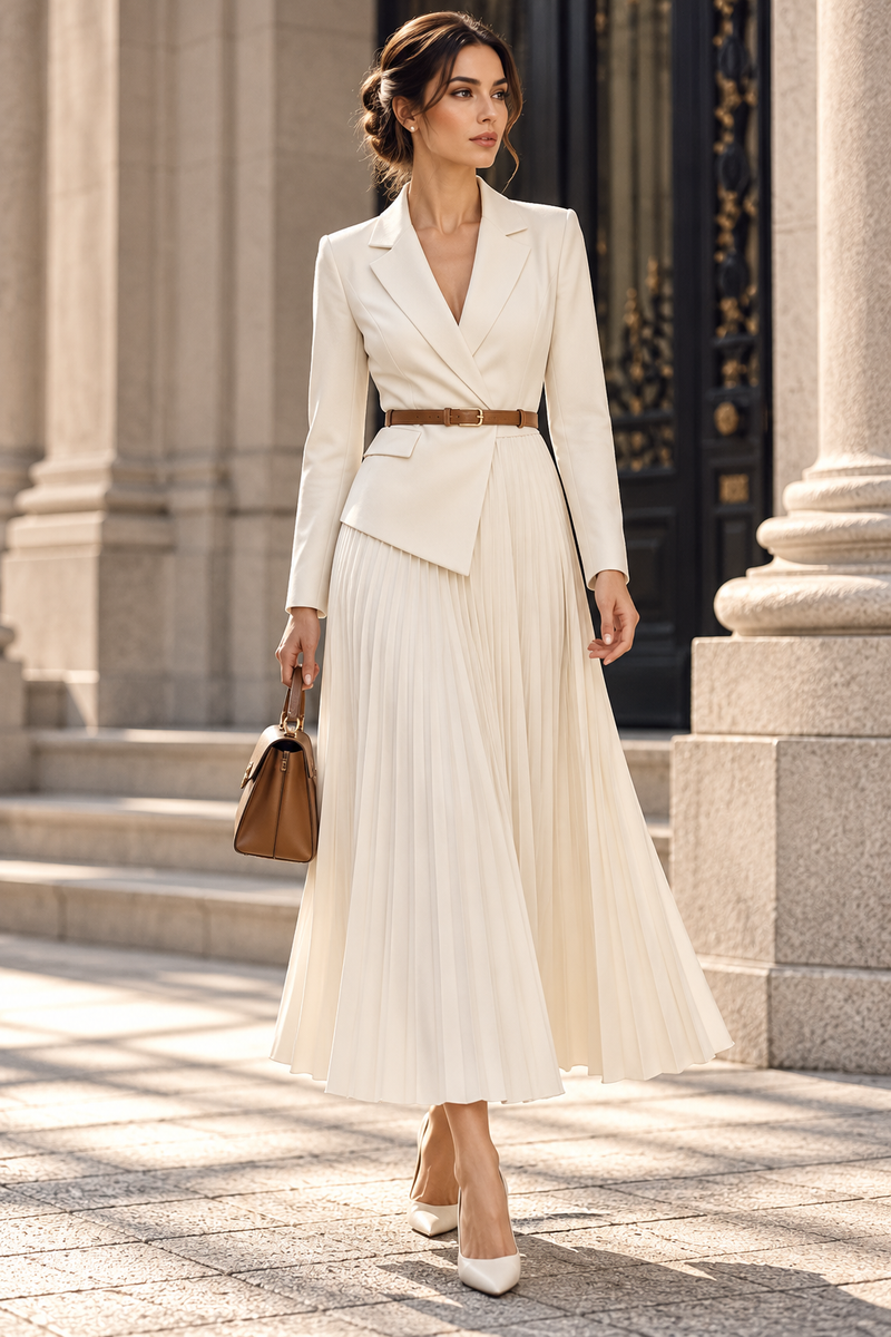 Cream Structured Crepe Blazer and Pleated Skirt Set
