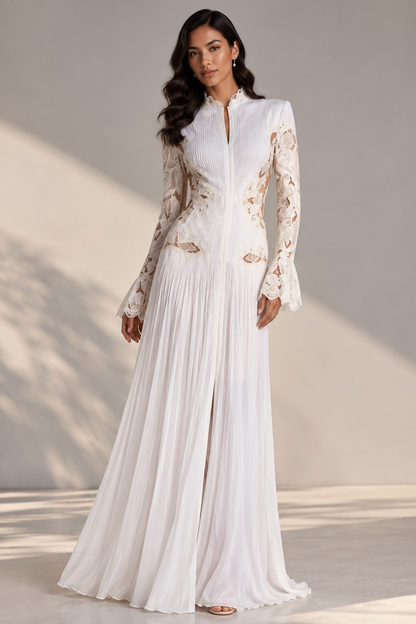 White Pleated Georgette A-Line Gown with Floral Lace