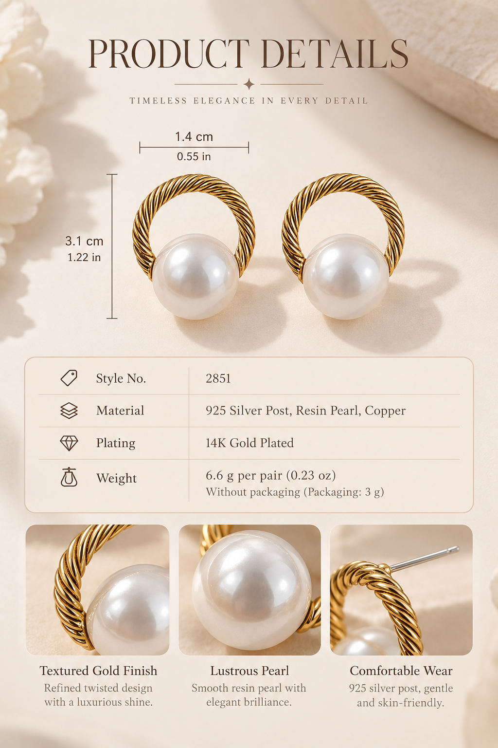 Vintage Large Resin Pearl Earrings with Silver Needle