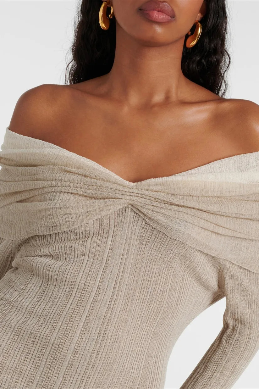 ELMA OFF SHOULDER FLARED KNIT MINI DRESS