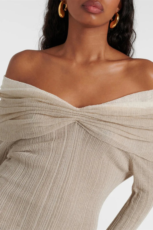 ELMA OFF SHOULDER FLARED KNIT MINI DRESS