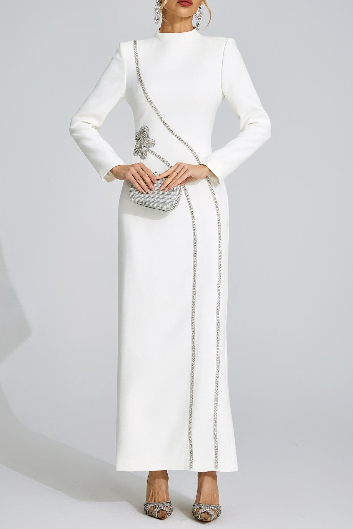 nicola Diamond embellished long sleeve Maxi Dress - white