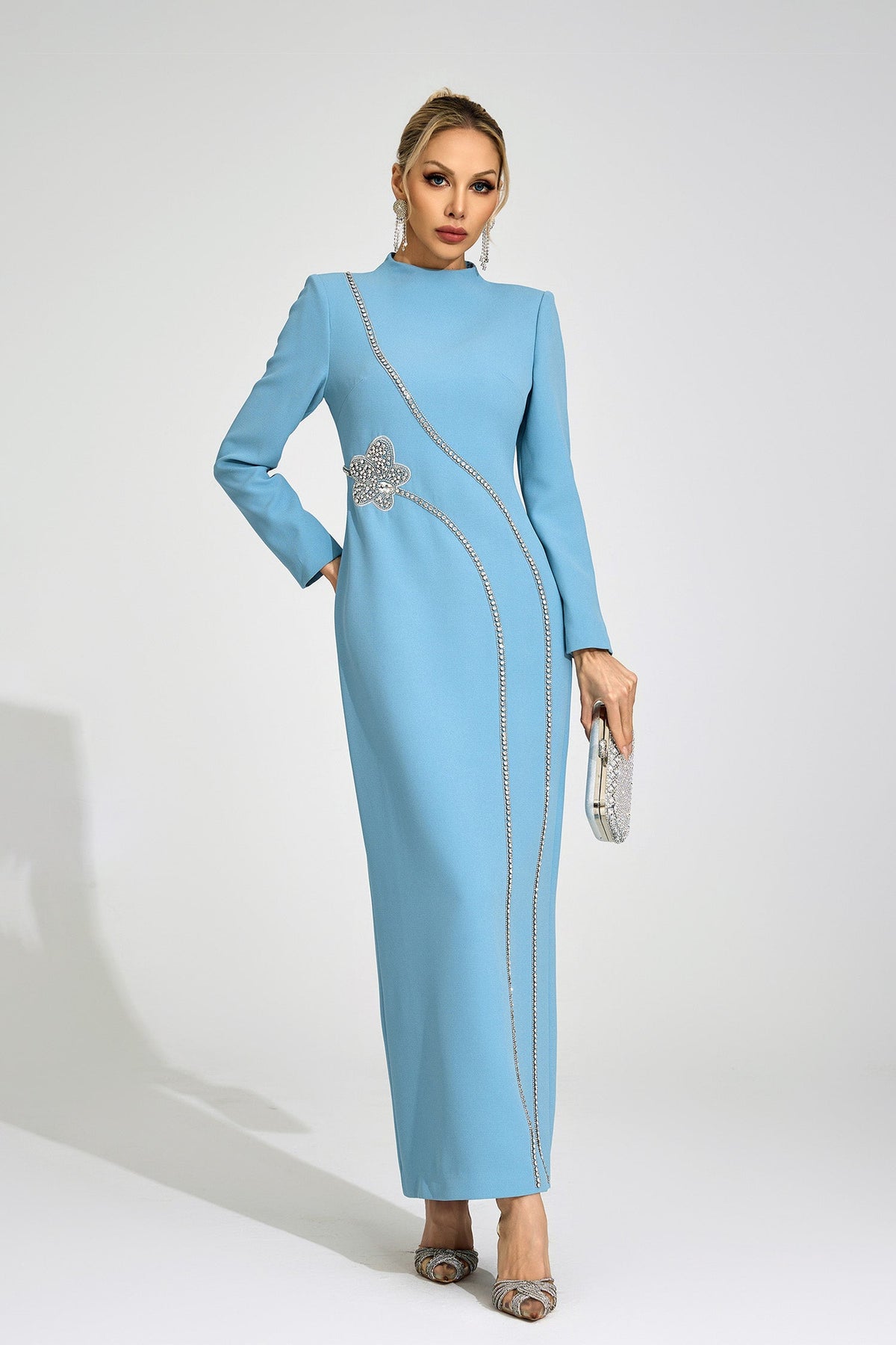 nicola Diamond embellished long sleeve Maxi Dress - blue