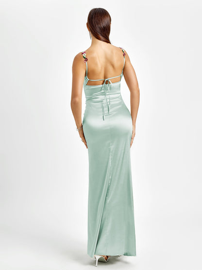 Embellished Strap Tie Back Satin Bodycon Dress