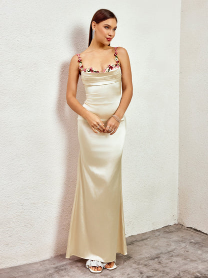 Embellished Strap Tie Back Satin Bodycon Dress