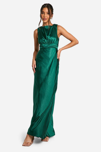 Satin Cowl Back Maxi Dress In Green