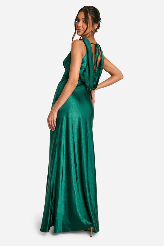 Satin Cowl Back Maxi Dress In Green
