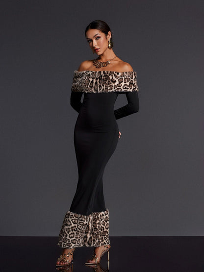 clara Off Shoulder Leopard furry Maxi Dress in black