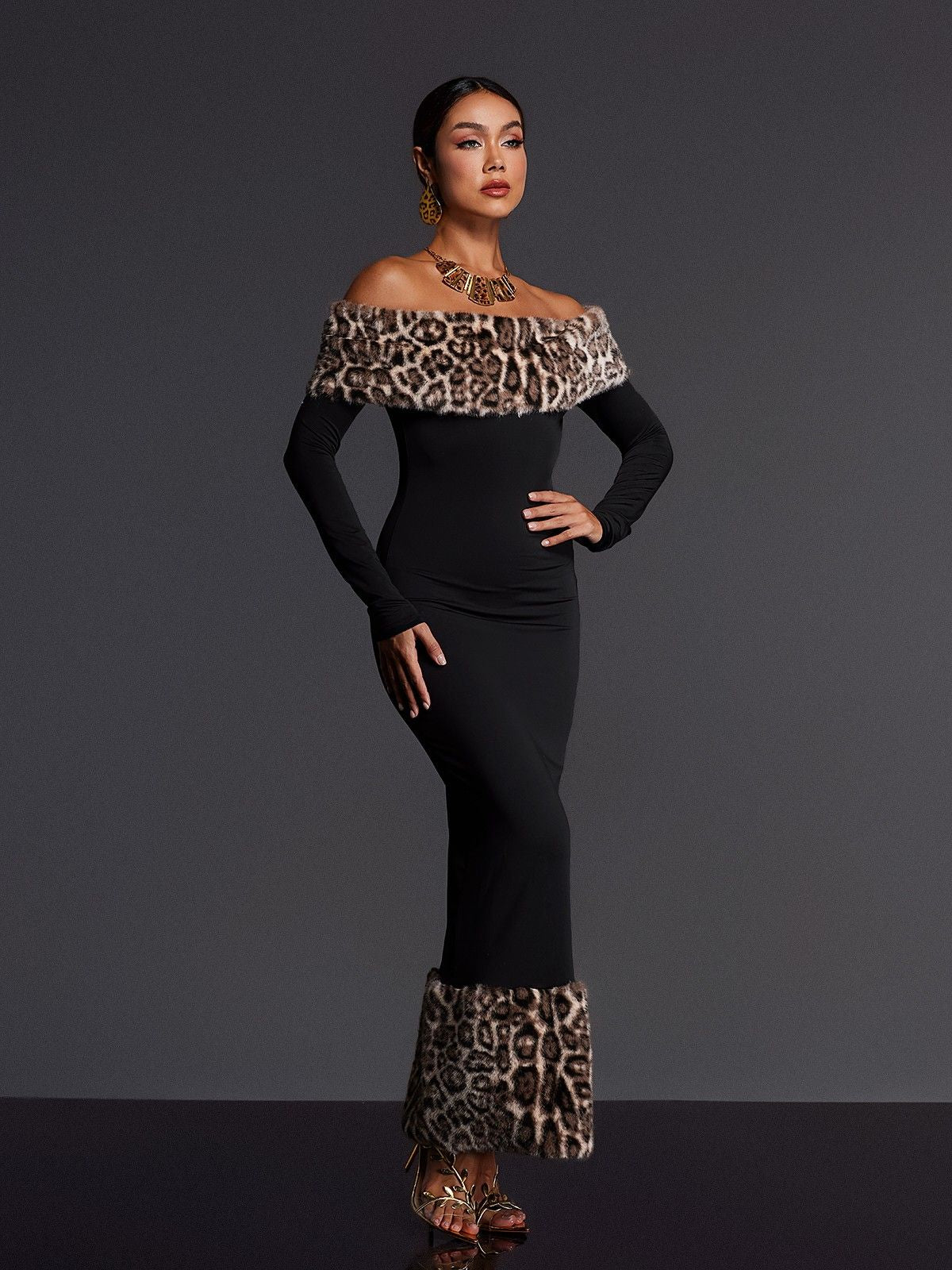 clara Off Shoulder Leopard furry Maxi Dress in black